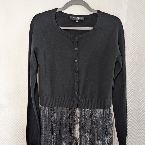 Vivian Shyu Italy Cardigan Dress Black Knit Lace Hem Skirt Size S Whimsigoth - Picture 6 of 10